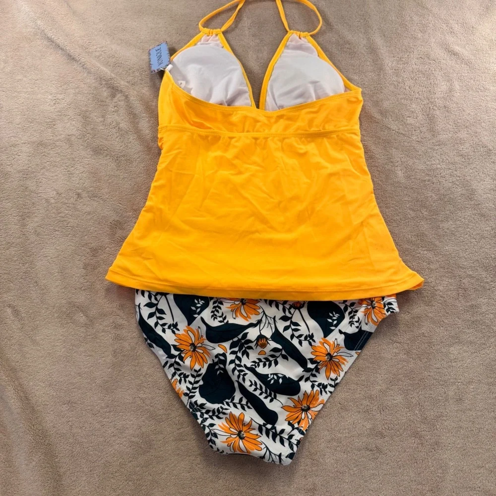 NWT Yonique Yellow‎ Ruched Halter Tankini High Waist Floral Bikini Swimsuit Sz M